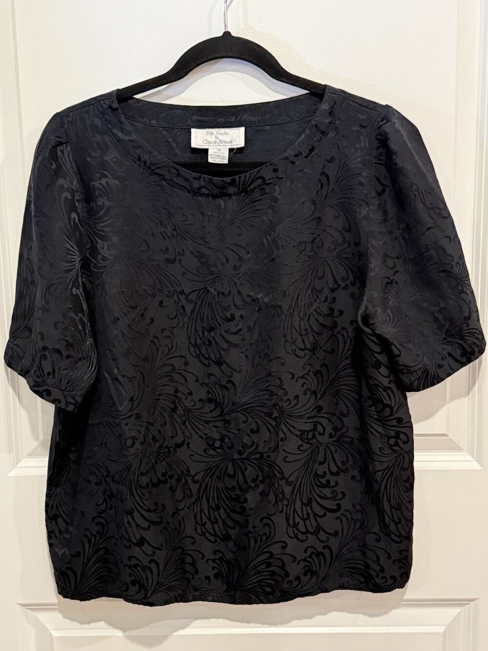 Silk Studio by Claude Bennett Classy Black 100% Silk Embossed Blouse Size 14